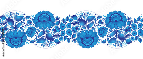 Flowers blue. Gzhel style Russian seamless pattern. Vector