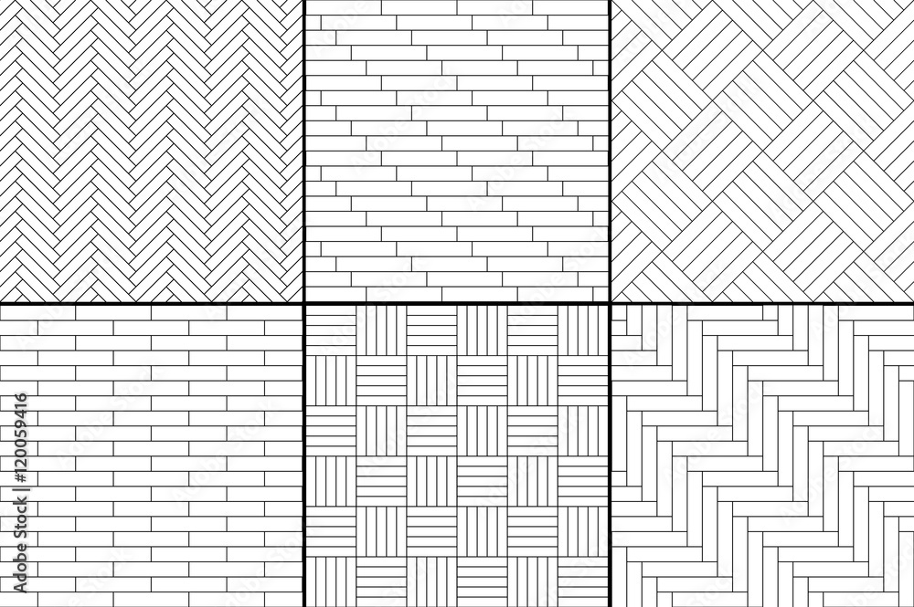 Black and white simple wooden parquet floor set - herringbone, stripes, squares seamless patterns, vector - obrazy, fototapety, plakaty 