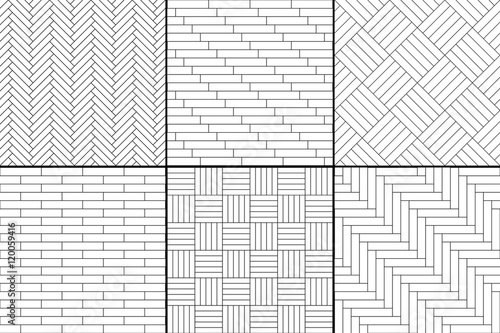 Black and white simple wooden parquet floor set - herringbone, stripes, squares seamless patterns, vector