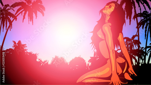 Naked pretty woman on the tropical beach with palm trees and sunlight