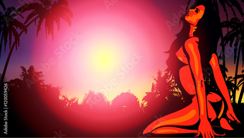 Naked pretty woman on the tropical beach with palm trees and sunlight