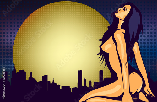 Naked woman near the window with night city view, design vector template
