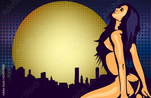 Naked woman near the window with night city view, design vector template