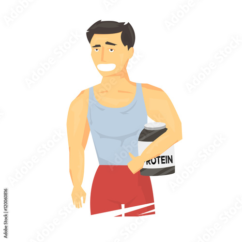 Strong sportsman holding sports nutrition. Vector illustration.