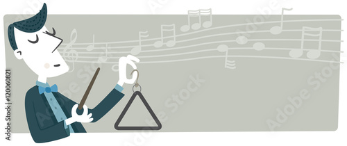 Banner, a musician playing the musical triangle. In the background there is a staff with musical notes.