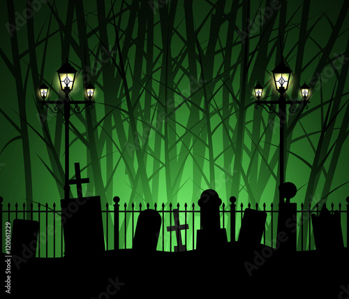 Graveyard cemetery tomb in forest and street lamp