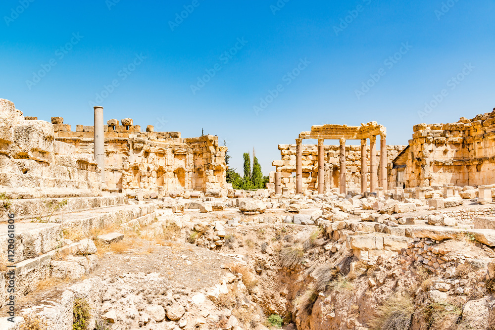 Fototapeta premium Baalbek in Beqaa Valley, Lebanon. Baalbek is located about 85 km northeast of Beirut and about 75 km north of Damascus. It has led to its designation as a UNESCO World Heritage Site in 1984.