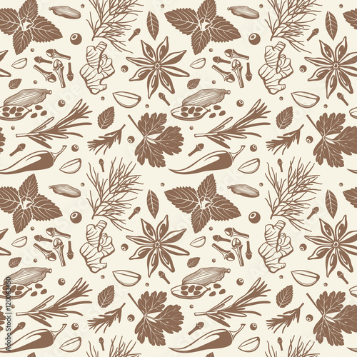 Kitchen herbs and spices vector seamless pattern