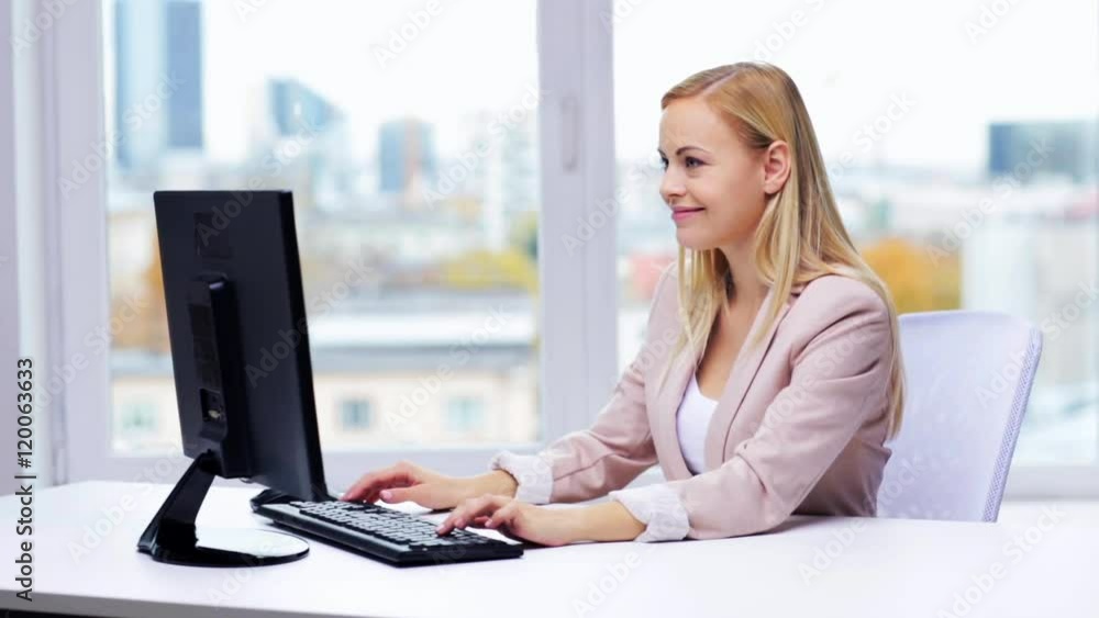 businesswoman with computer typing at office businesswoman with computer typing at office