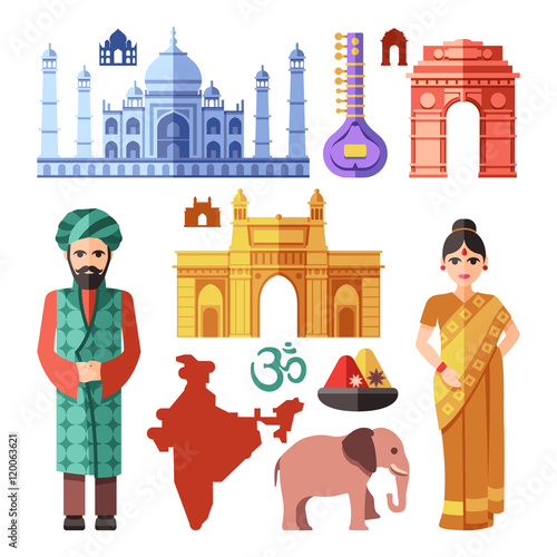 India flat vector icons with national landmarks for traveling concept