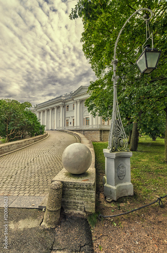 Saint Petersburg, Russia. The lantern, the ball, the pillar and the way approaching to the Yelagin palace. photo