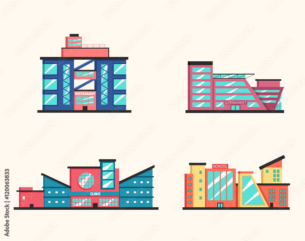 Set of public buildings. Modern architecture. Flat vector illustration.