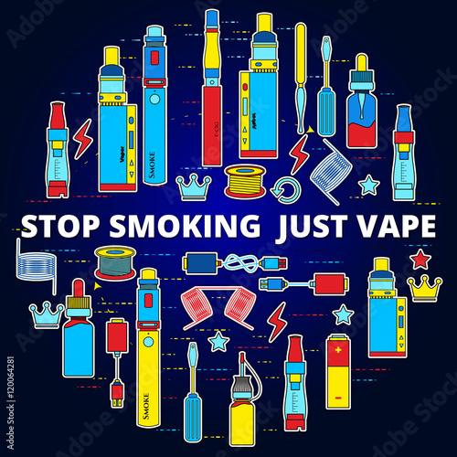 Flat Style, corporate design,  Thin Line ,  template vector e-cigarette . advertising and sales. for design.  vape, Concept, elements are in a circle