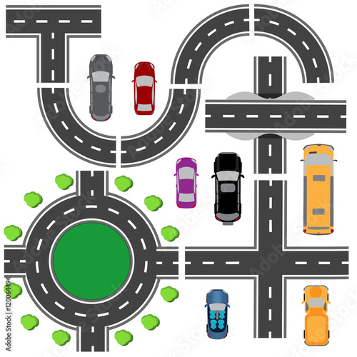 Road set for designing traffic intersections. The intersections of various roads. Roundabout Circulation. Transport. illustration