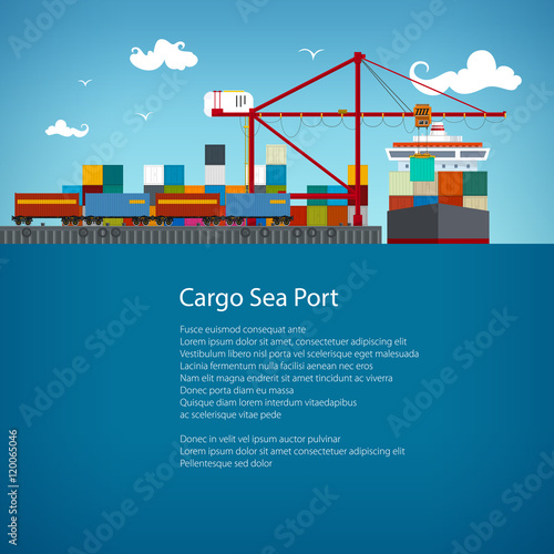 SeaPort, Cranes Load Containers on the Container Ship , Cargo the Train Transports Containers , Sea Freight Transportation, Poster Brochure Flyer Design, Vector Illustration