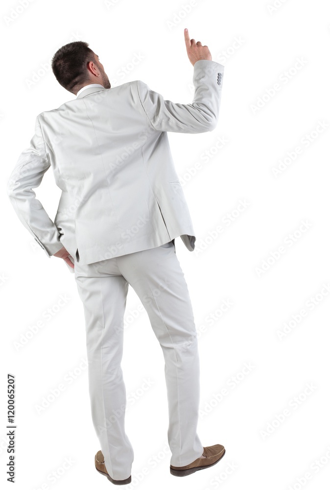 Back view of thinking young business man in white suit. Rear view. isolated over white background. Concept of idea, ask question, think up, choose, decide. Back view of thinking young business man in white suit. Rear view. isolated over white background. Concept of idea, ask question, think up, choose, decide.