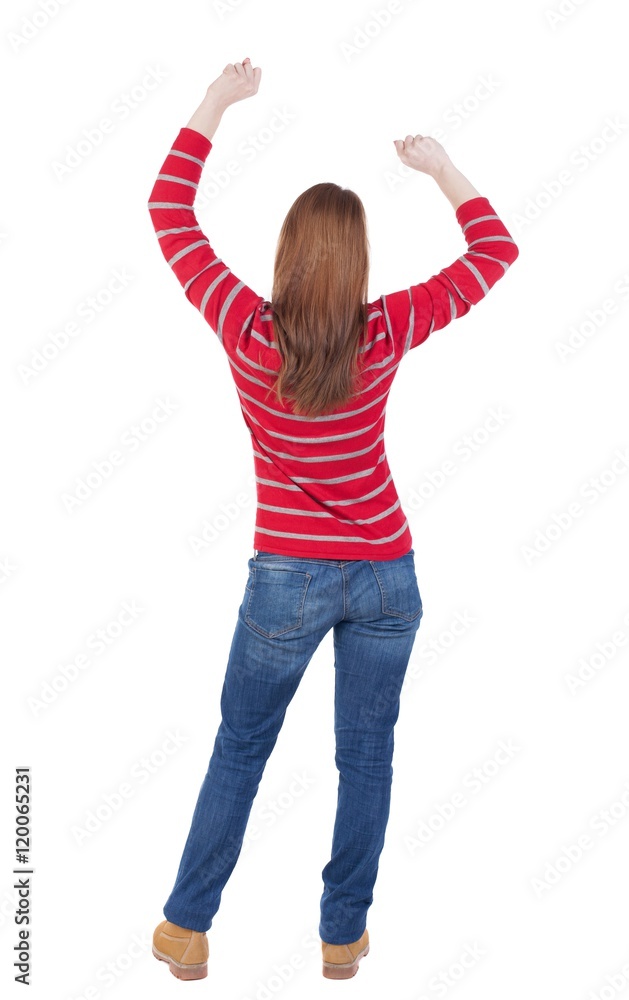 back view of dancing young beautiful woman. girl watching. Rear view people collection. backside view of person. Isolated over white background. back view of dancing young beautiful woman. girl watching. Rear view people collection. backside view of person. Isolated over white background.