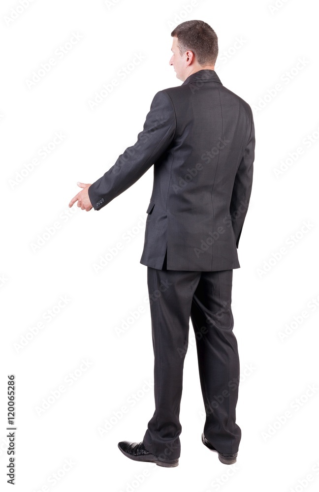 side view of Businessman in black suit handshake. Isolated over white background. side view of Businessman in black suit handshake. Isolated over white background.
