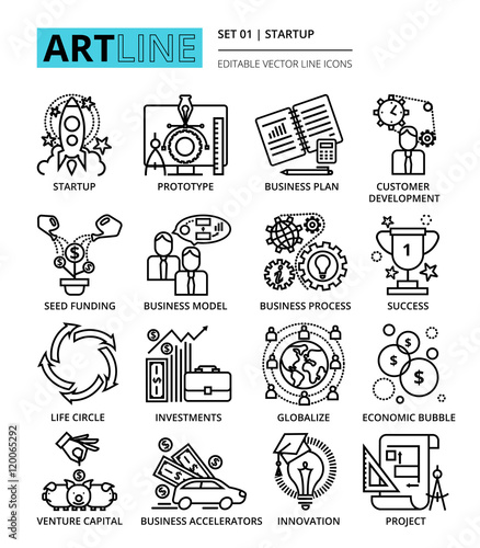 Modern editable vector line icons set of startup project, busine