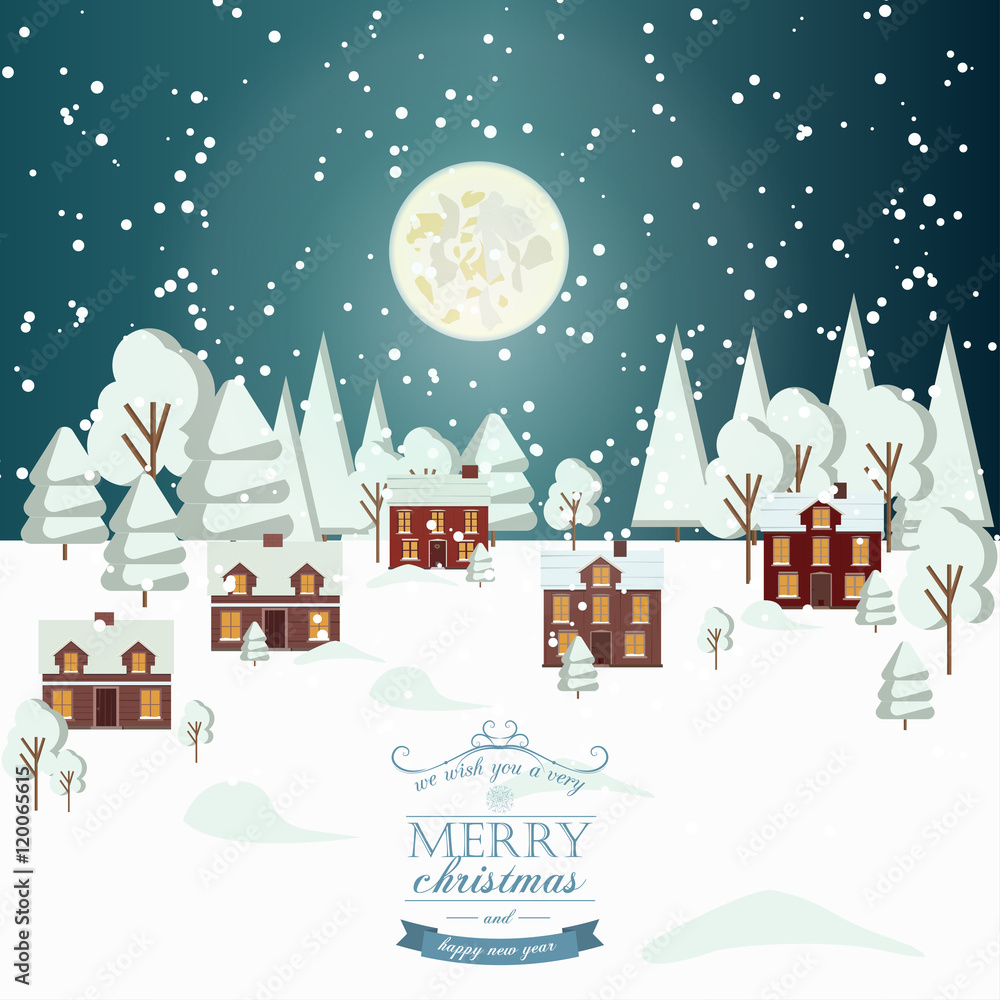 Winter Snow Urban Countryside Landscape City Village Real Estate New Year Christmas Night Background Modern Flat Design Icon Template