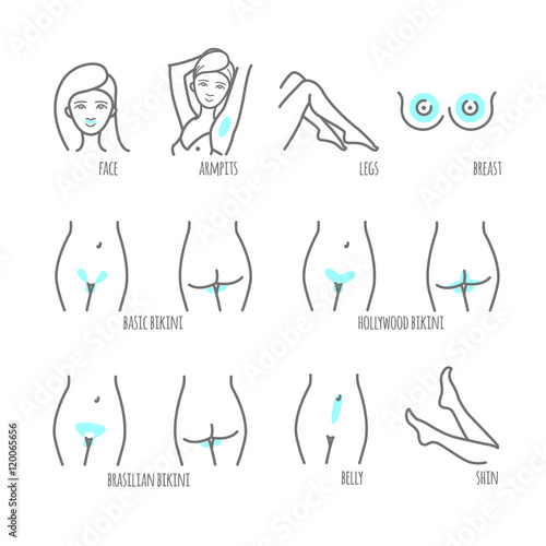 Area hair removal icon set, marked epilation zones
