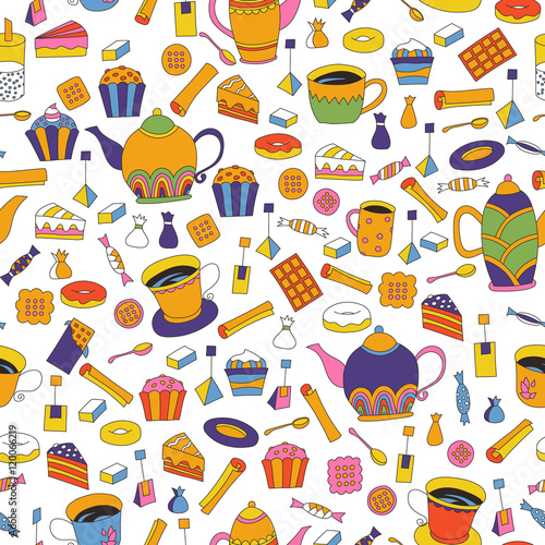 Seamless pattern with hand drawn sketchy tea theme
