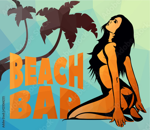 Vector beach bar banner with a palm trees and sexy bikini lady polygons flat style