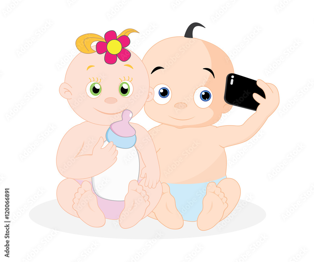 Couple of baby taking selfie, vector illustration Couple of baby taking selfie, vector illustration