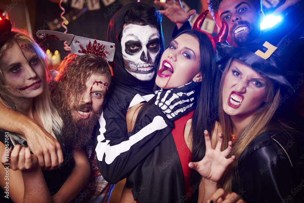 Spooky costumes of party people. - obrazy, fototapety, plakaty 