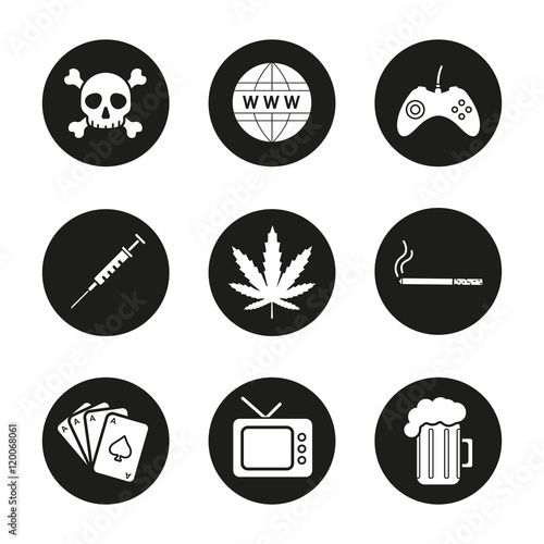 Addictions and bad habits icons set