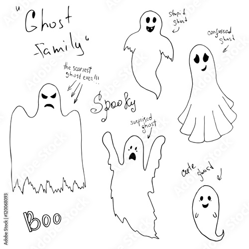 Set of hand drawn ghost family  in doodle style. 