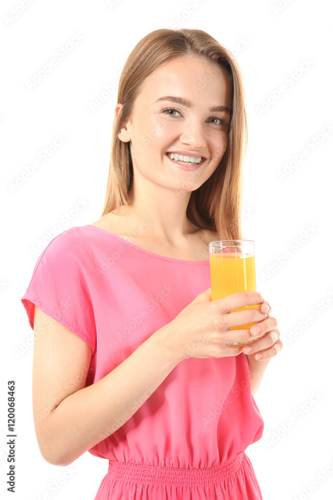 Young beautiful woman with a glass of fresh juice isolated on white Young beautiful woman with a glass of fresh juice isolated on white