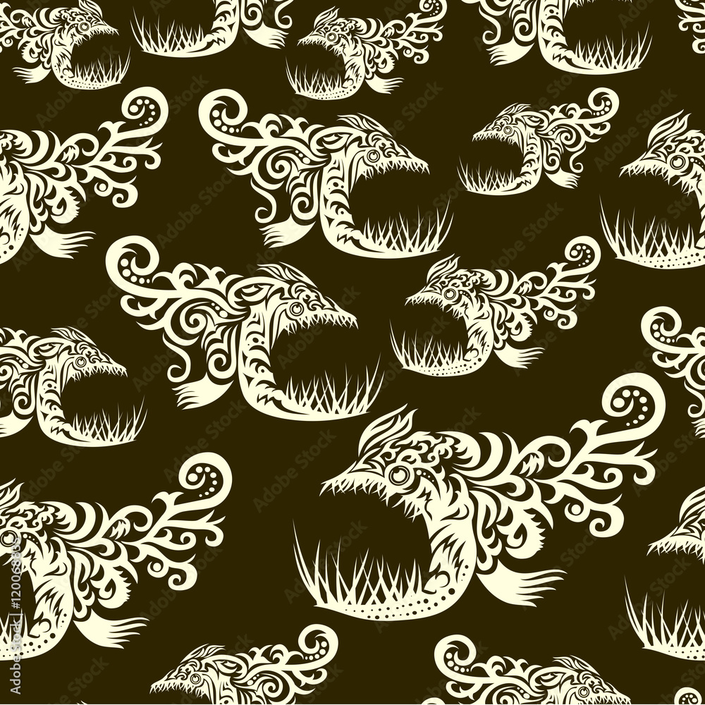 Ornamental tribal pattern with fish illustration.