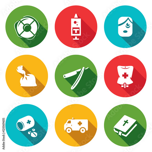 Vector Set of Drug Overdose Icons. Help, Dose, Addict, Heroin, Shaver, Hospital, Medicine, Ambulance, Religion.