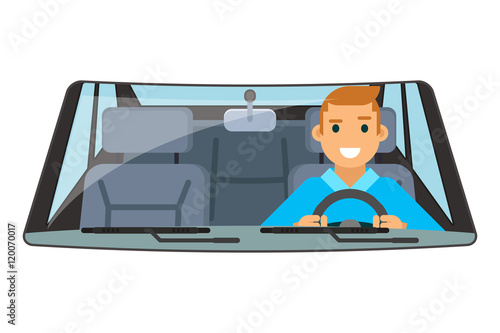 Vehicle interior driver car wheel ride driving isolated flat design vector illustration