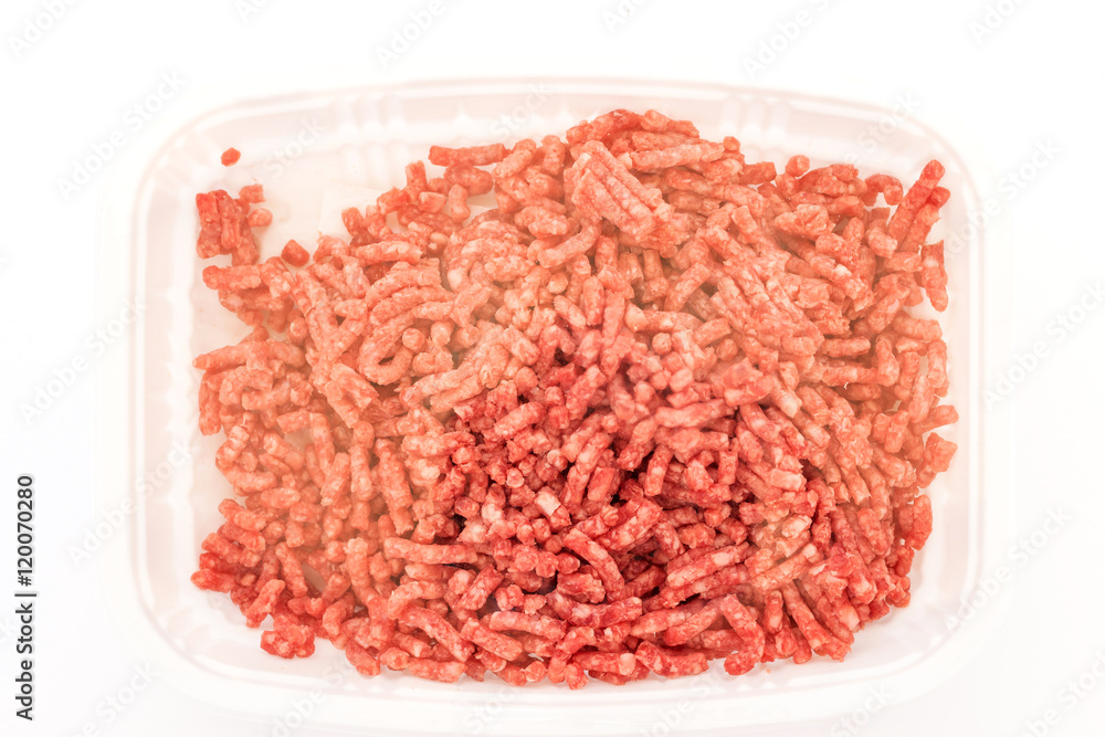 Minced beef in food tray with plastic wrap isolated on white background Minced beef in food tray with plastic wrap isolated on white background