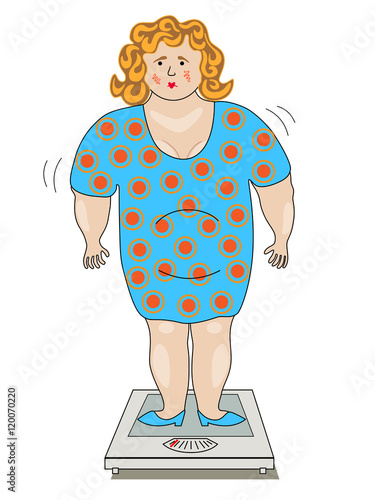 Fat woman in a dress standing on the scales.