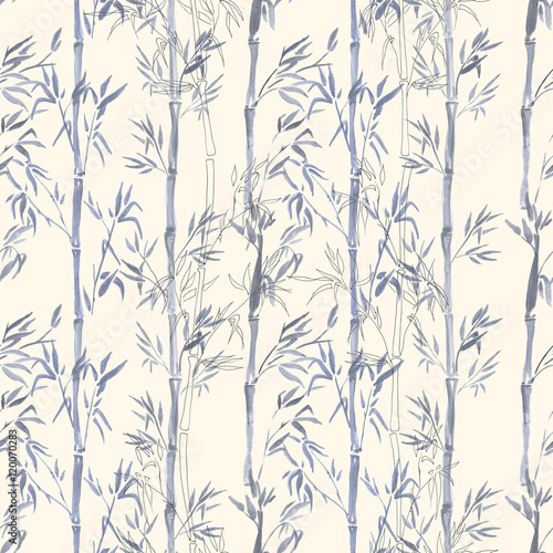 Hand-drawn watercolor seamless pattern with bamboo plant drawing. Repeated background with bamboo