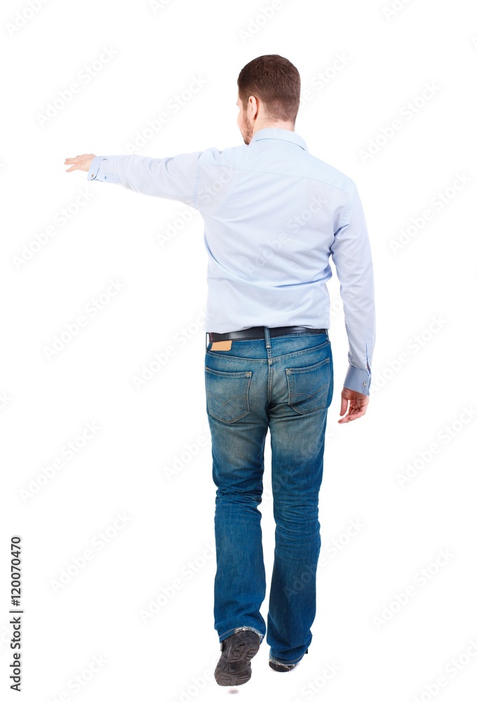 Back view of going Bearded businessman in white shirt and shows his hand away. Back view of going Bearded businessman in white shirt and shows his hand away.