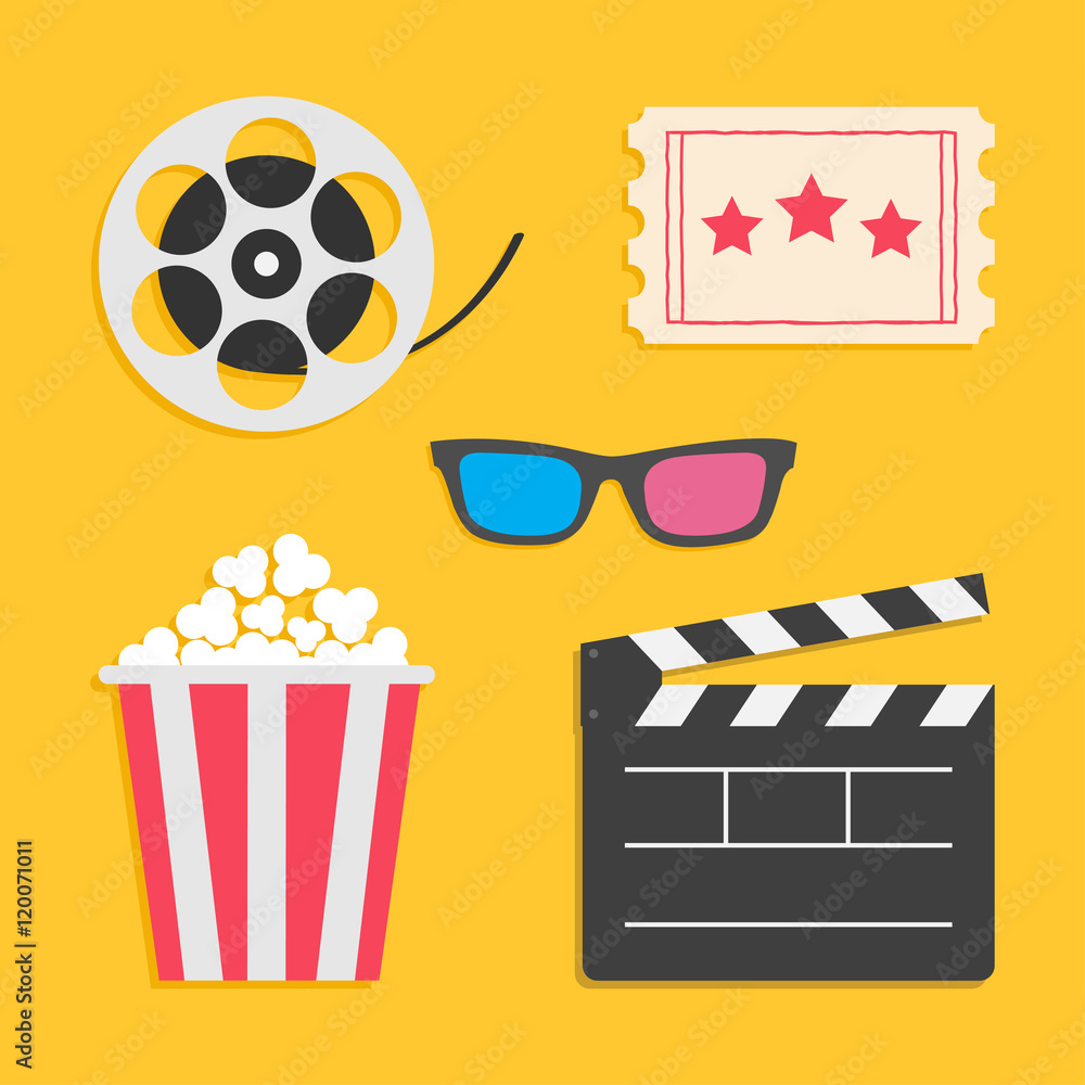 Fototapeta premium 3D glasses Movie reel Open clapper board Popcorn Ticket Cinema icon set. Flat design style. Yellow background.