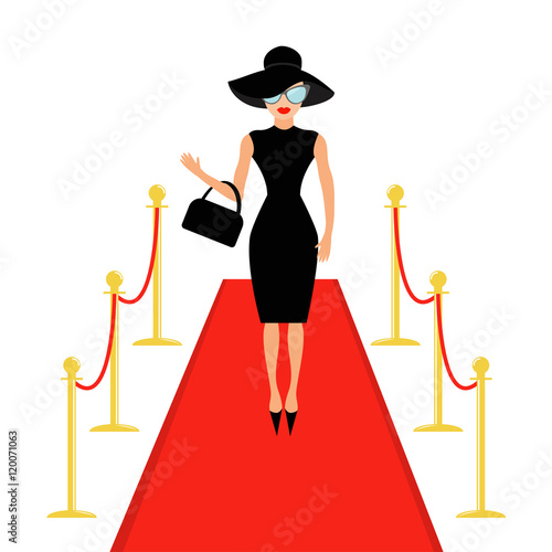 Red carpet and rope barrier golden stanchions turnstile Isolated Woman in black hat, bag, sunglasses waving. Rich beautiful celebrity girl. Fashion model. White background. Flat design