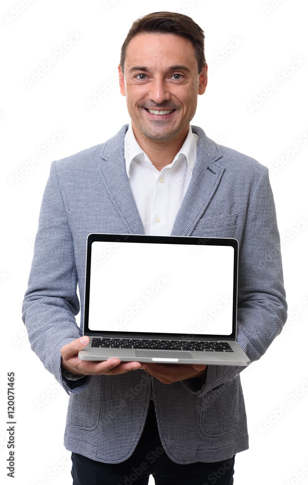 Happy man holding laptop with blank screen Happy man holding laptop with blank screen