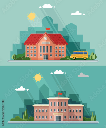 Welcome back to school set. Building and school bus on the backg