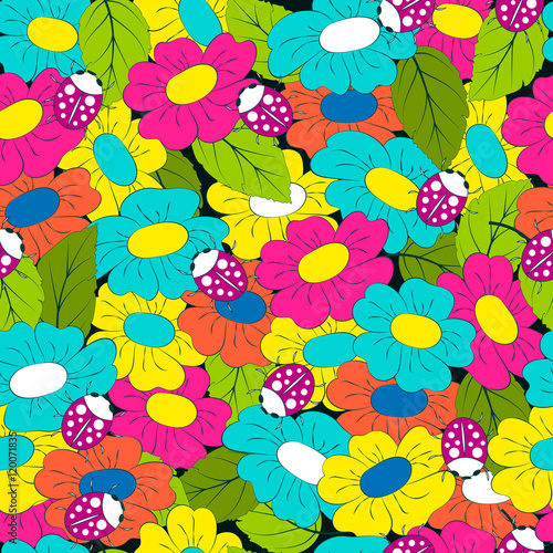 Seamless pattern of flowers and leaves.  botany background