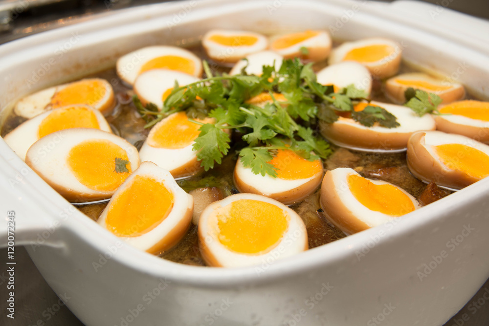 Stewed eggs or eggs and pork in brown sauce Stewed eggs or eggs and pork in brown sauce