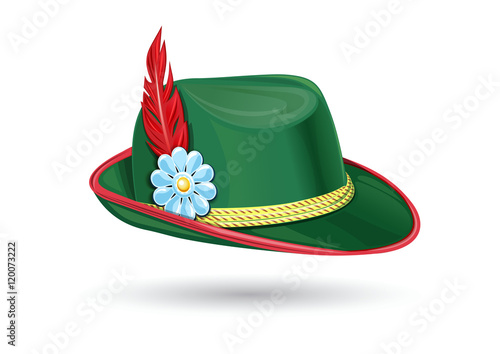 Oktoberfest hat. Tyrolean (Bavarian) hat. Traditional German headdress. Hunter hat with a feather. Part of the Bavarian national costume. Vector illustration isolated on white background