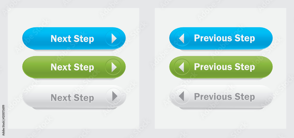 Set of vector web interface oval buttons. Next, previous step. Set of vector web interface oval buttons. Next, previous step.