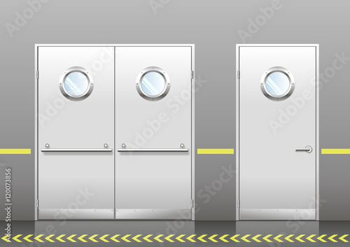A set of technical laboratory door, hospitals, schools, food production or storage facilities with round windows. A double and a single door in vector graphics. Doors dark gray color on the wall