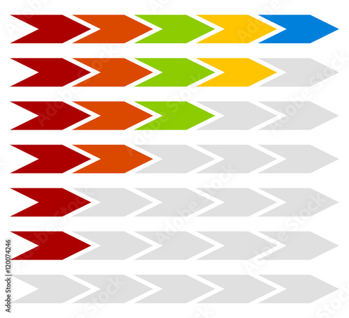 Progress, step, level indicators with 5 steps arrows