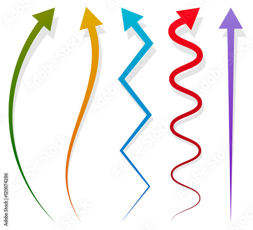 Set of 5 different long, vertical arrow elements with shadow